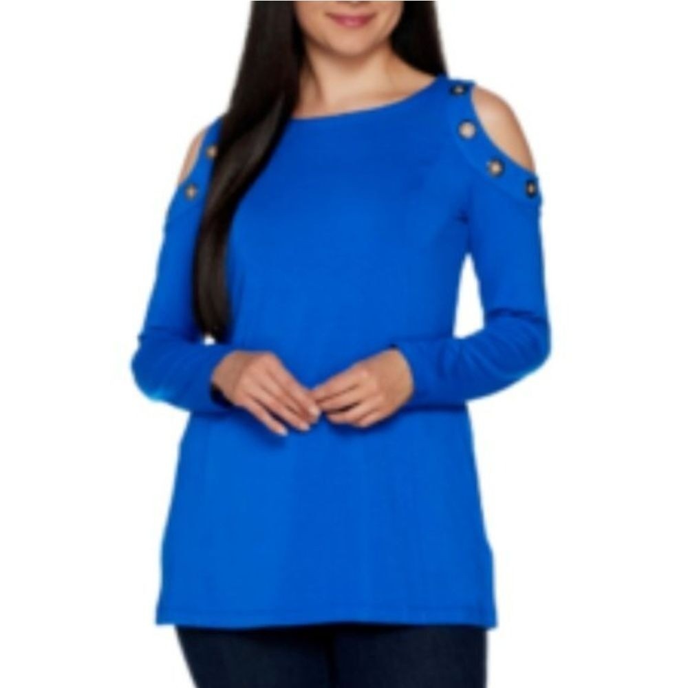 Venini Royal Blue 3/4 Sleeve Top with Gold‎ Grommet Shoulder Detail  Size M